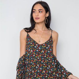 BLACK BOHO FLORAL PRINT COLD SHOULDER BELL SLEEVES